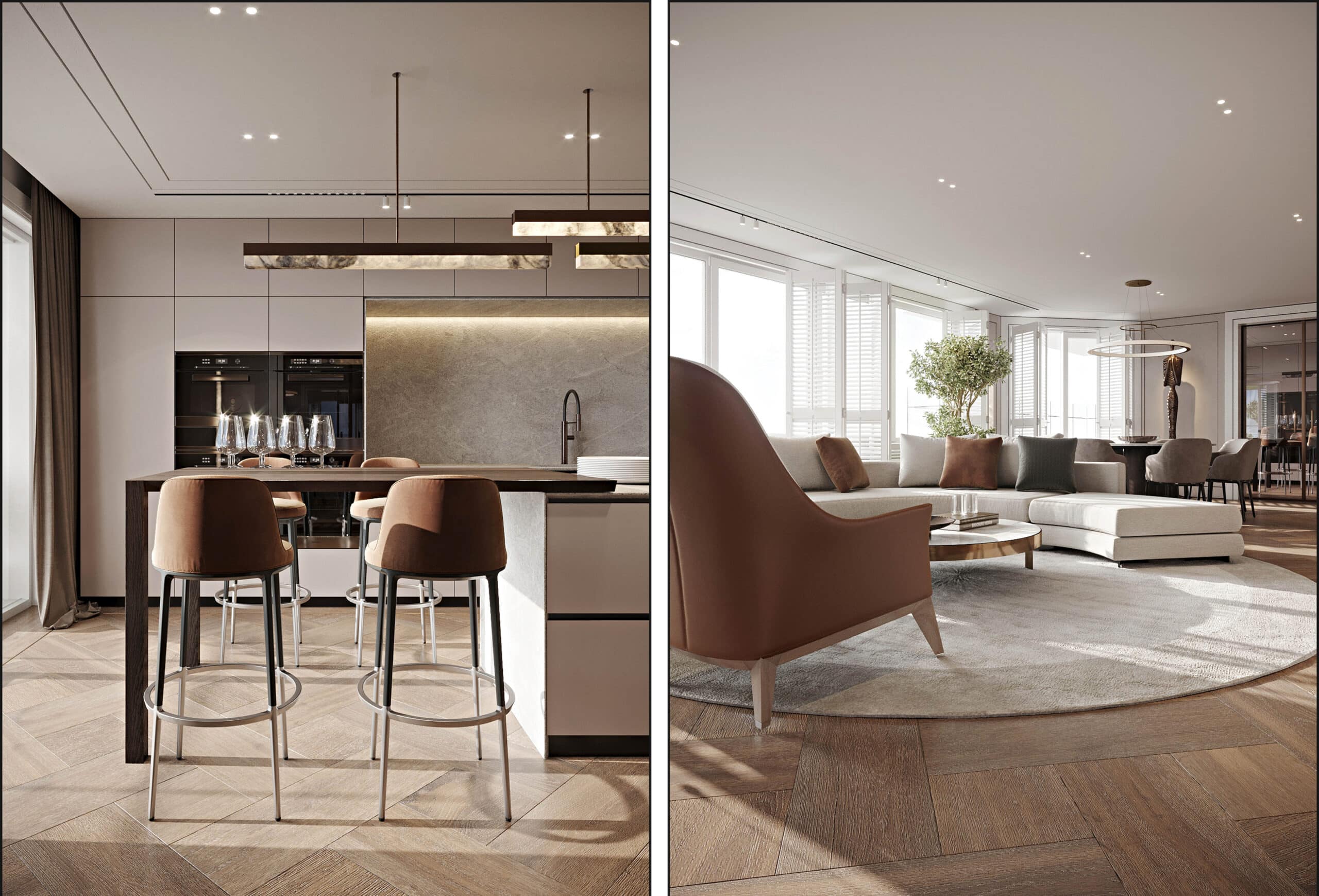 Kitchen with an island and stools next to a living room with a corner sofa and round rug