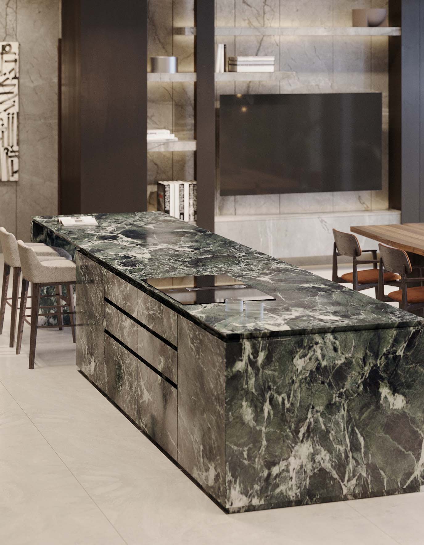 Green marble kitchen island with stools