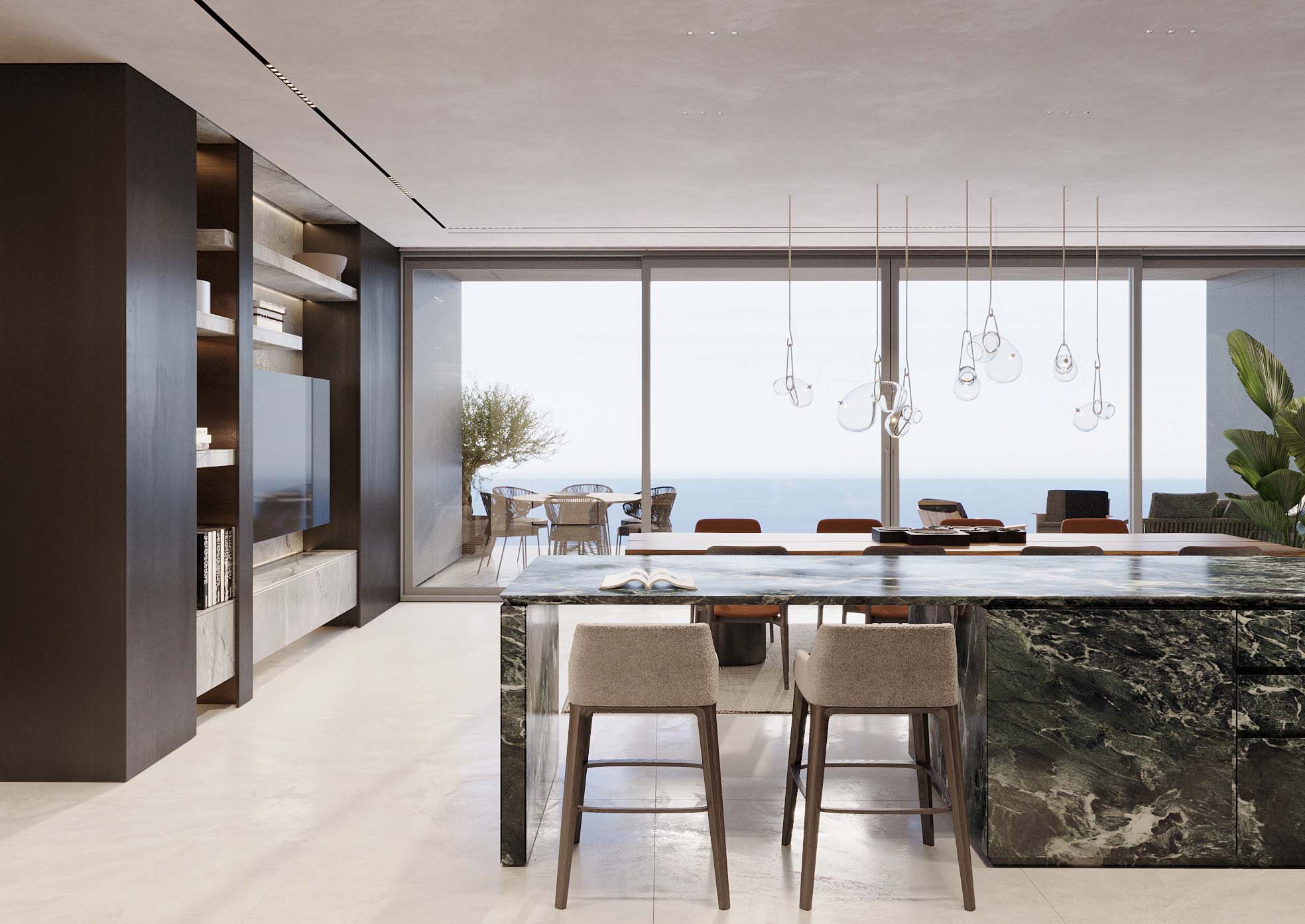 Cucina e zona pranzo con tavolo in marmo verde e vetrate panoramiche