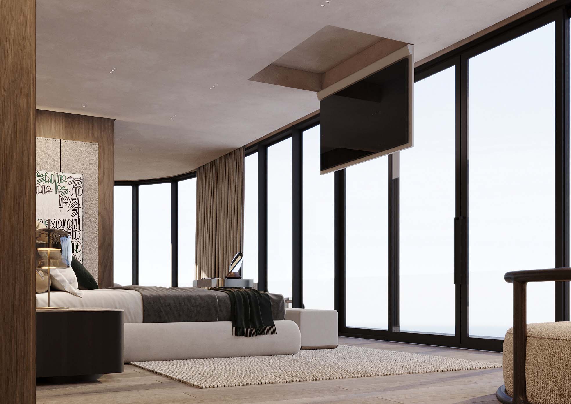 Bedroom with floor-to-ceiling windows and a retractable TV