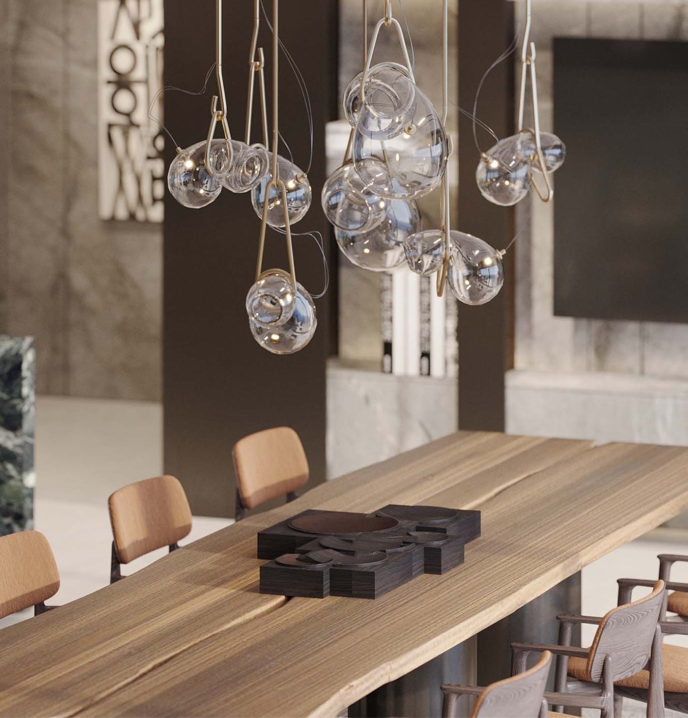 Wooden table with blown-glass chandeliers and leather seating