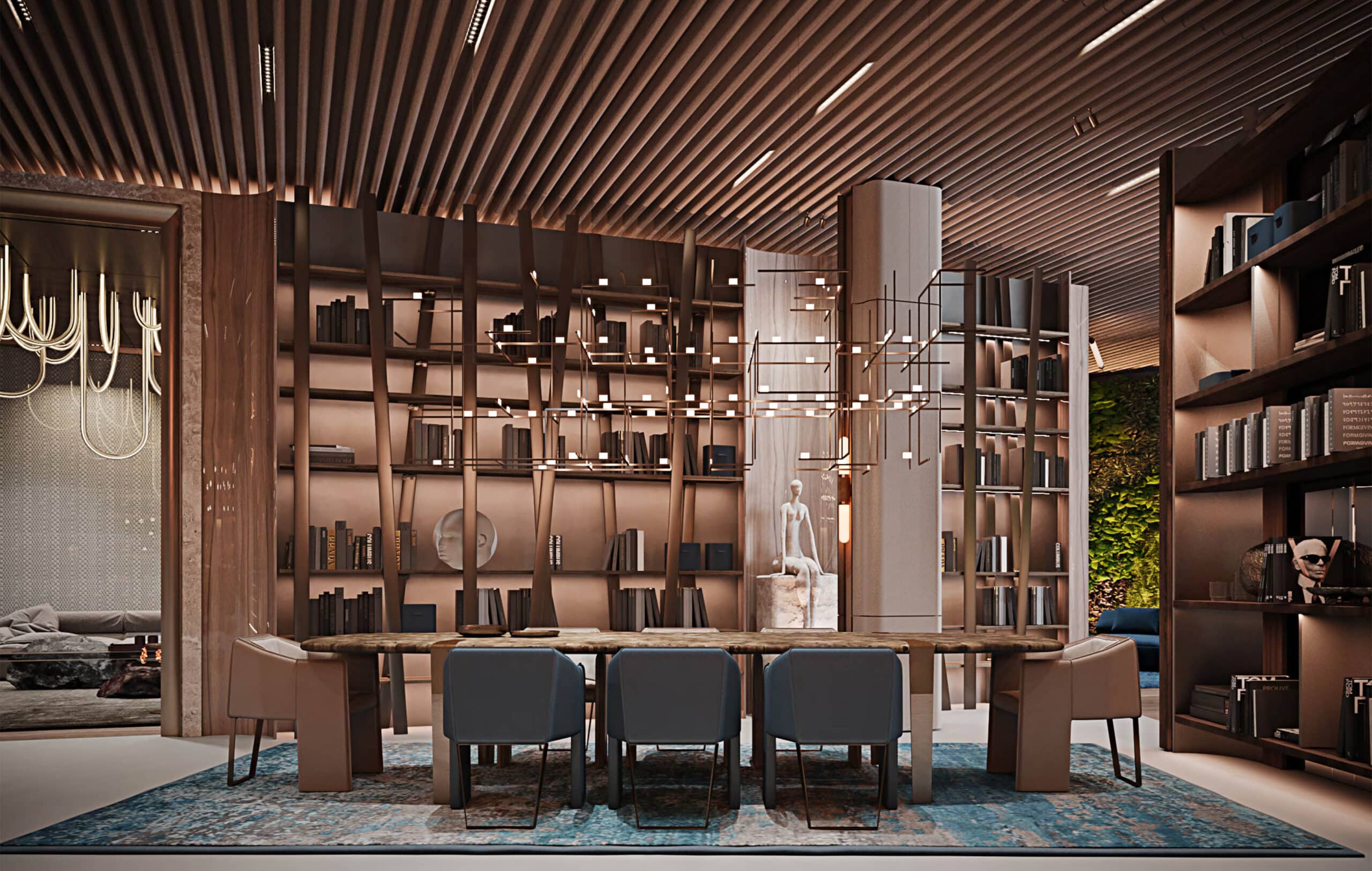 Sala riunioni con soffitto in lamelle di legno, libreria su misura e tavolo lungo
