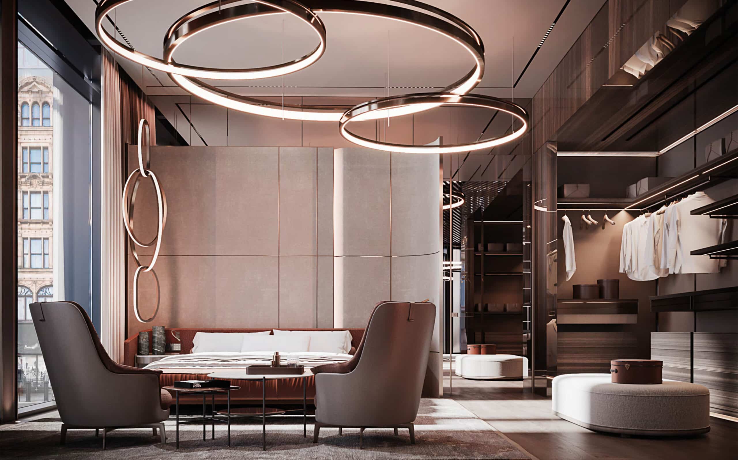Walk-in wardrobe and lounge area with a ring chandelier